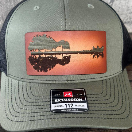 WoodHide© Guitar Treeline Hat – Richardson 112 Trucker Cap with Sunburst Leather & Wood - Patch Palooza
