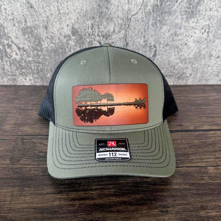 WoodHide© Guitar Treeline Hat – Richardson 112 Trucker Cap with Sunburst Leather & Wood - Patch Palooza