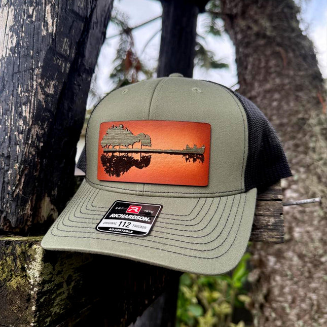 WoodHide© Guitar Treeline Hat – Richardson 112 Trucker Cap with Sunburst Leather & Wood - Patch Palooza