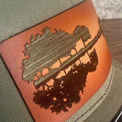 WoodHide© Guitar Treeline Hat – Richardson 112 Trucker Cap with Sunburst Leather & Wood - Patch Palooza