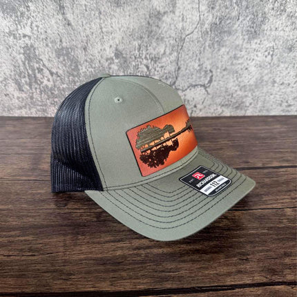 WoodHide© Guitar Treeline Hat – Richardson 112 Trucker Cap with Sunburst Leather & Wood - Patch Palooza