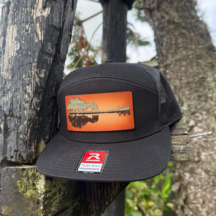 WoodHide© Guitar Treeline Hat – Richardson 168 Trucker Cap with Sunburst Leather & Wood - Patch Palooza