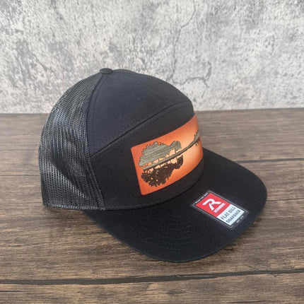 WoodHide© Guitar Treeline Hat – Richardson 168 Trucker Cap with Sunburst Leather & Wood - Patch Palooza