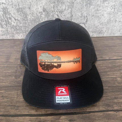 WoodHide© Guitar Treeline Hat – Richardson 168 Trucker Cap with Sunburst Leather & Wood - Patch Palooza