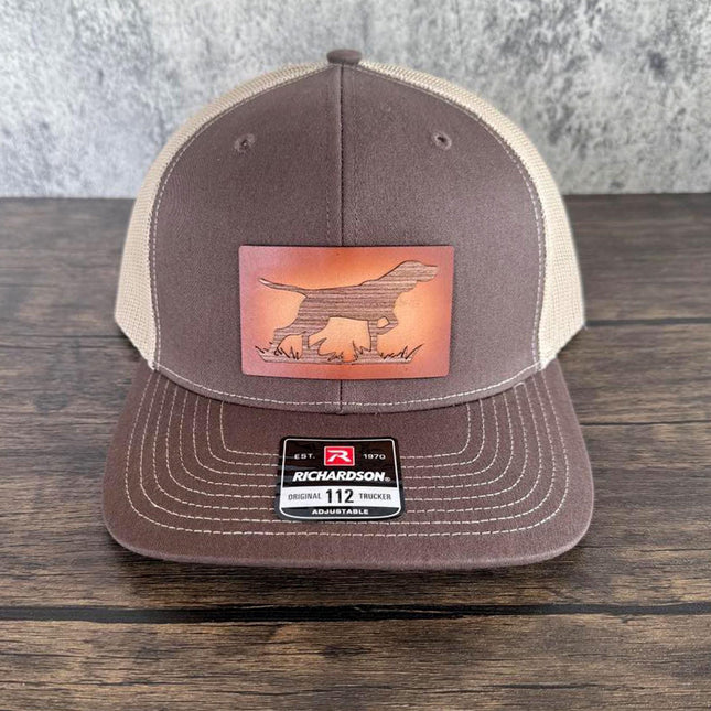 WoodHide© Hunting Dog Hat – Richardson 112 Trucker Cap – Leather & Wood Sunburst Design - Patch Palooza