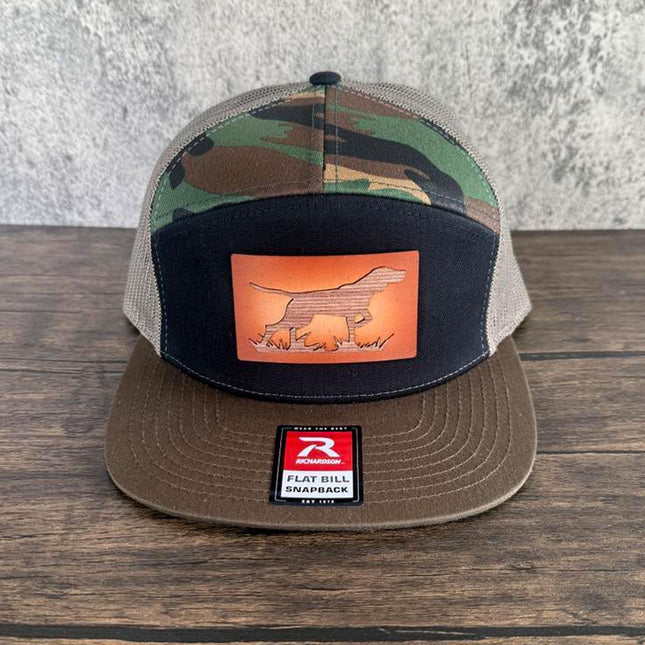 WoodHide© Hunting Dog Hat – Richardson 168 Snapback – Leather & Wood Sunburst Design - Patch Palooza