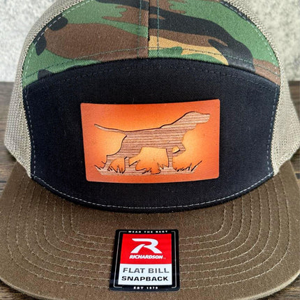 WoodHide© Hunting Dog Hat – Richardson 168 Snapback – Leather & Wood Sunburst Design - Patch Palooza