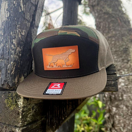 WoodHide© Hunting Dog Hat – Richardson 168 Snapback – Leather & Wood Sunburst Design - Patch Palooza