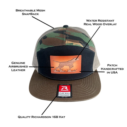 WoodHide© Hunting Dog Hat – Richardson 168 Snapback – Leather & Wood Sunburst Design - Patch Palooza