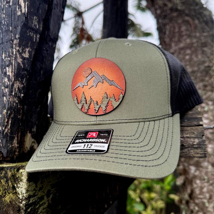 WoodHide© Mountain Scene Hat – Richardson 112 Trucker Cap with Sunburst Leather & Wood Layers - Patch Palooza