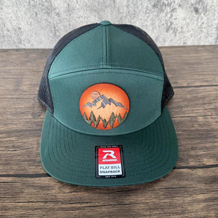 WoodHide© Mountain Scene Hat – Richardson 168 Trucker Cap with Sunburst Leather & Wood Layers - Patch Palooza
