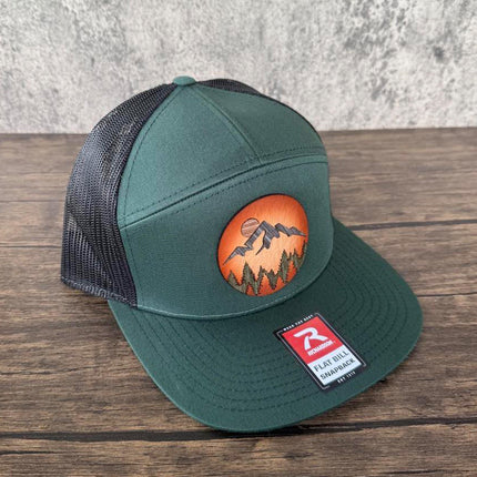 WoodHide© Mountain Scene Hat – Richardson 168 Trucker Cap with Sunburst Leather & Wood Layers - Patch Palooza
