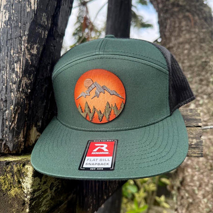 WoodHide© Mountain Scene Hat – Richardson 168 Trucker Cap with Sunburst Leather & Wood Layers - Patch Palooza