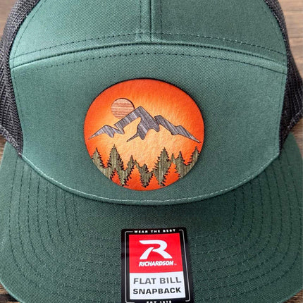 WoodHide© Mountain Scene Hat – Richardson 168 Trucker Cap with Sunburst Leather & Wood Layers - Patch Palooza