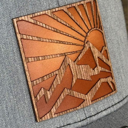 WoodHide© Mountain Sun Hat – Richardson 112 Trucker Cap with Sunburst Leather & Wood Patch - Patch Palooza