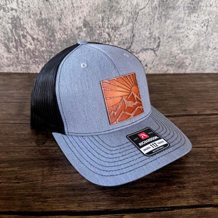 WoodHide© Mountain Sun Hat – Richardson 112 Trucker Cap with Sunburst Leather & Wood Patch - Patch Palooza
