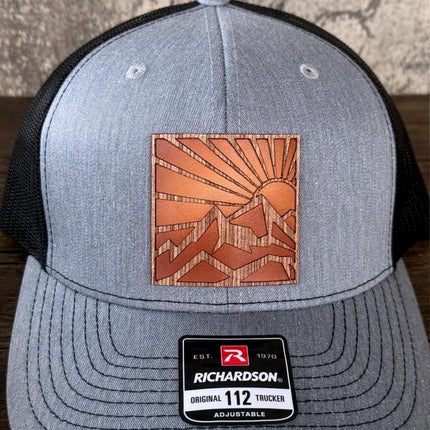 WoodHide© Mountain Sun Hat – Richardson 112 Trucker Cap with Sunburst Leather & Wood Patch - Patch Palooza