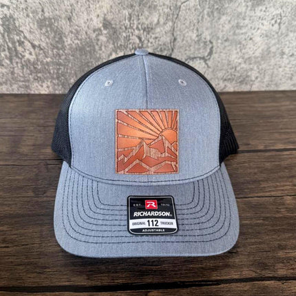 WoodHide© Mountain Sun Hat – Richardson 112 Trucker Cap with Sunburst Leather & Wood Patch - Patch Palooza
