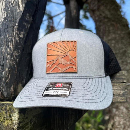 WoodHide© Mountain Sun Hat – Richardson 112 Trucker Cap with Sunburst Leather & Wood Patch - Patch Palooza