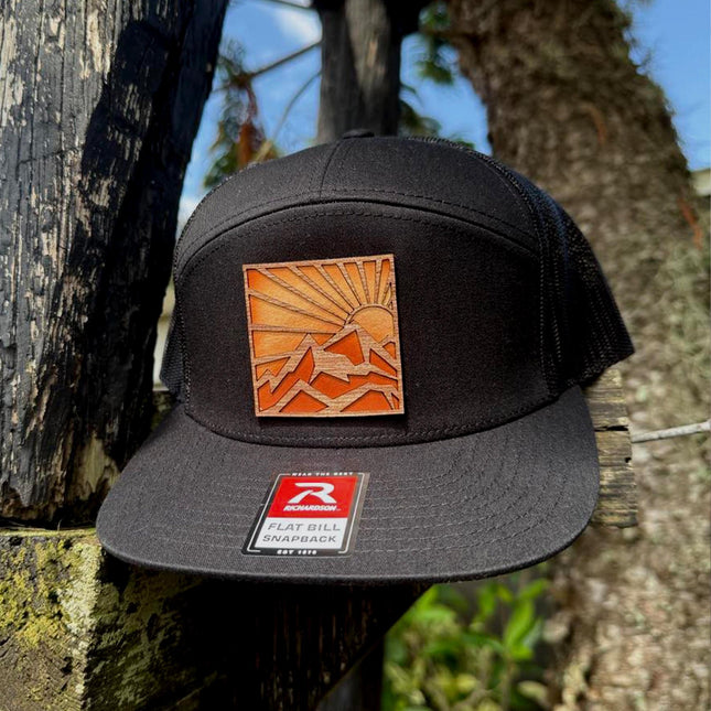 WoodHide© Mountain Sun Hat – Richardson 168 Trucker Cap with Sunburst Leather & Wood Patch - Patch Palooza