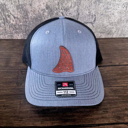 WoodHide© Shark Fin Hat – Richardson 112 Trucker Cap with Tribal Wood & Leather Patch - Patch Palooza