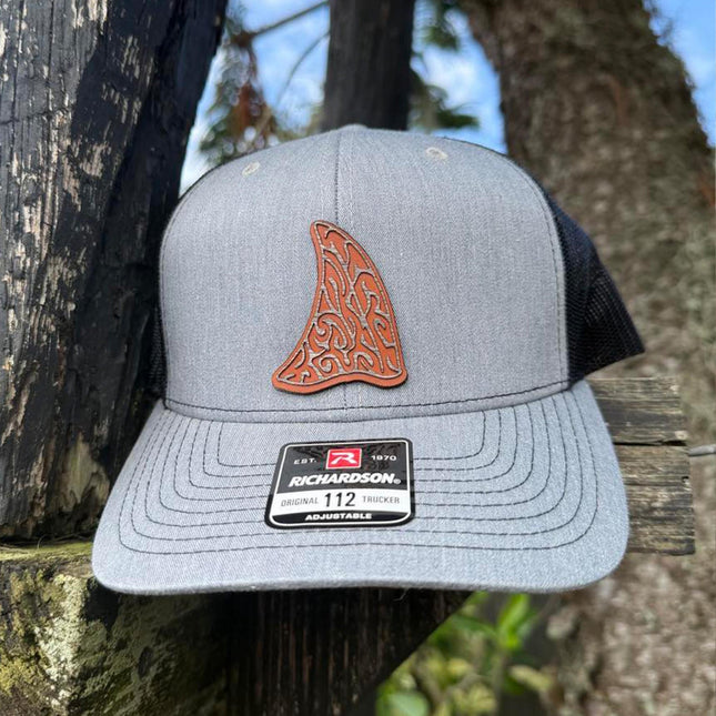 WoodHide© Shark Fin Hat – Richardson 112 Trucker Cap with Tribal Wood & Leather Patch - Patch Palooza
