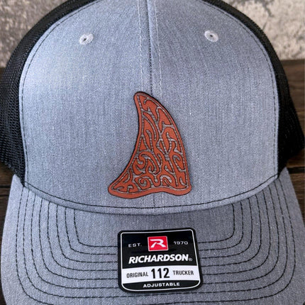 WoodHide© Shark Fin Hat – Richardson 112 Trucker Cap with Tribal Wood & Leather Patch - Patch Palooza