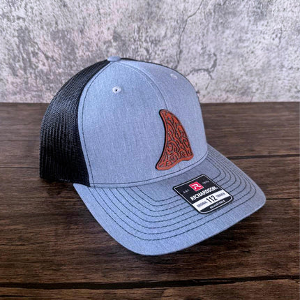 WoodHide© Shark Fin Hat – Richardson 112 Trucker Cap with Tribal Wood & Leather Patch - Patch Palooza