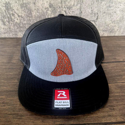 WoodHide© Shark Fin Hat – Richardson 168 Trucker Cap with Tribal Wood & Leather Patch - Patch Palooza