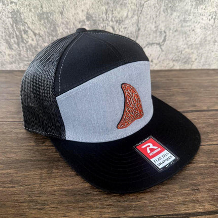 WoodHide© Shark Fin Hat – Richardson 168 Trucker Cap with Tribal Wood & Leather Patch - Patch Palooza