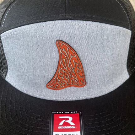 WoodHide© Shark Fin Hat – Richardson 168 Trucker Cap with Tribal Wood & Leather Patch - Patch Palooza