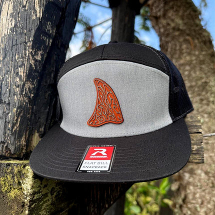 WoodHide© Shark Fin Hat – Richardson 168 Trucker Cap with Tribal Wood & Leather Patch - Patch Palooza