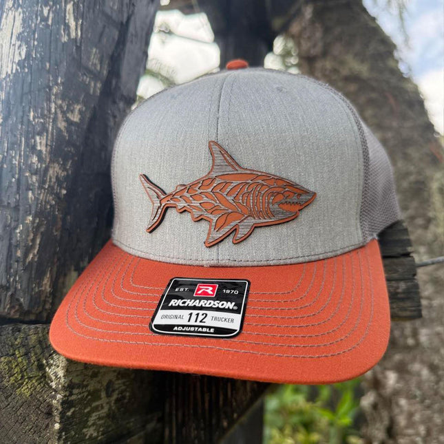 WoodHide© Shark Patch Hat – Richardson 112 Trucker Cap – Leather & Wood Shark Design - Patch Palooza