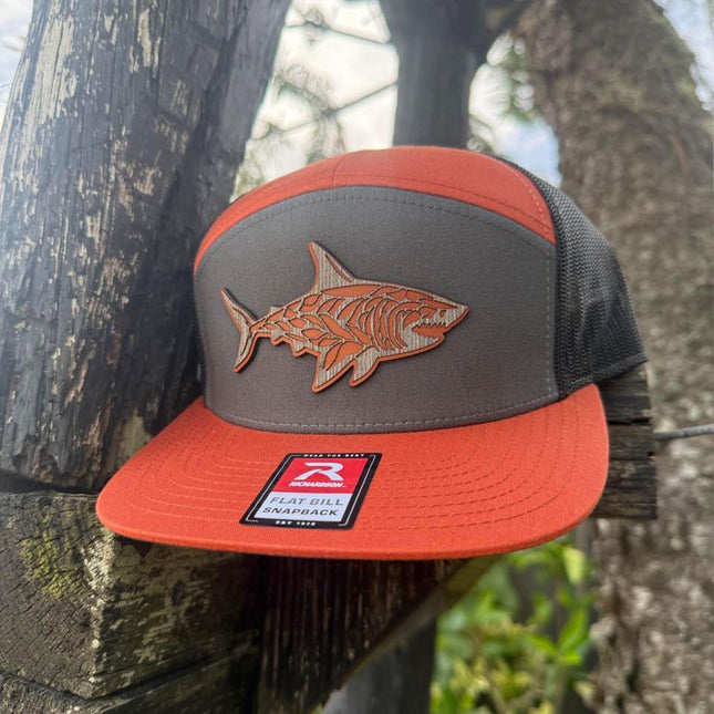 WoodHide© Shark Patch Hat – Richardson 168 Snapback – Leather & Wood Shark Design - Patch Palooza