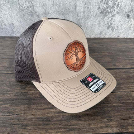 WoodHide© Tree of Life Hat – Richardson 112 Trucker Cap with Sunburst Leather & Wood Patch - Patch Palooza