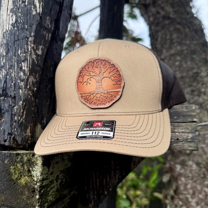 WoodHide© Tree of Life Hat – Richardson 112 Trucker Cap with Sunburst Leather & Wood Patch - Patch Palooza