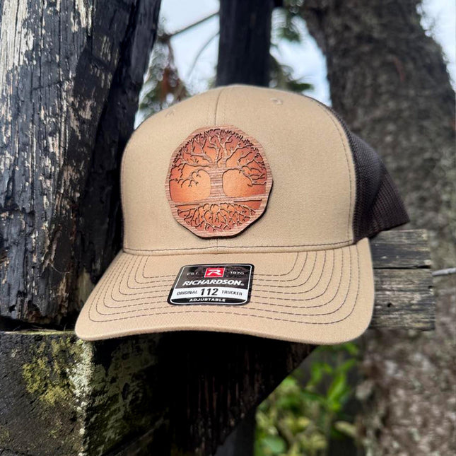WoodHide© Tree of Life Hat – Richardson 112 Trucker Cap with Sunburst Leather & Wood Patch - Patch Palooza
