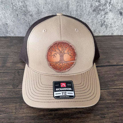 WoodHide© Tree of Life Hat – Richardson 112 Trucker Cap with Sunburst Leather & Wood Patch - Patch Palooza