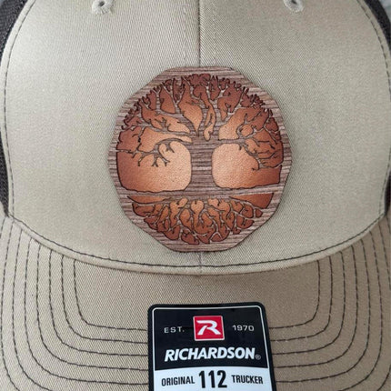 WoodHide© Tree of Life Hat – Richardson 112 Trucker Cap with Sunburst Leather & Wood Patch - Patch Palooza