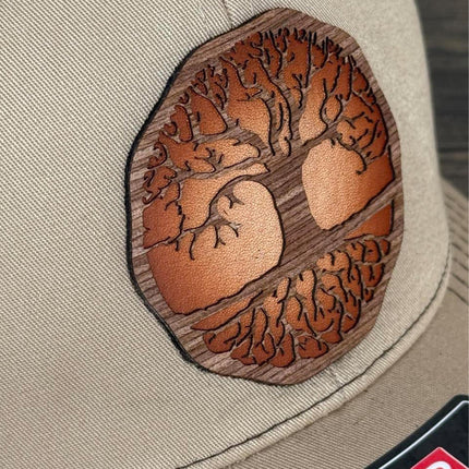 WoodHide© Tree of Life Hat – Richardson 112 Trucker Cap with Sunburst Leather & Wood Patch - Patch Palooza