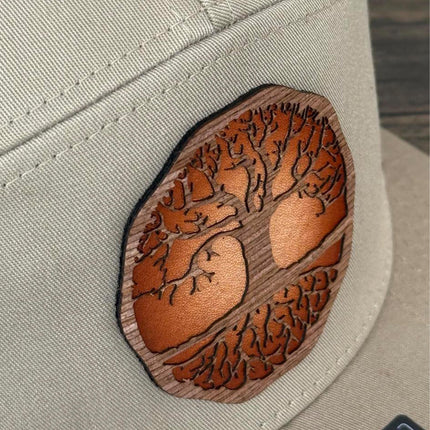 WoodHide© Tree of Life Hat – Richardson 168 Trucker Cap with Sunburst Leather & Wood Patch - Patch Palooza