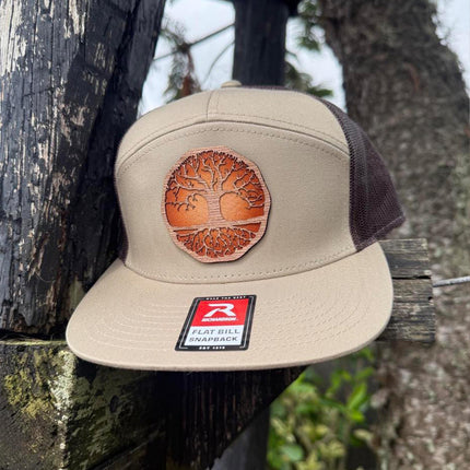 WoodHide© Tree of Life Hat – Richardson 168 Trucker Cap with Sunburst Leather & Wood Patch - Patch Palooza