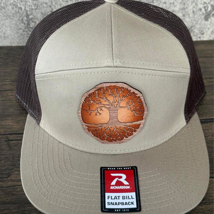 WoodHide© Tree of Life Hat – Richardson 168 Trucker Cap with Sunburst Leather & Wood Patch - Patch Palooza