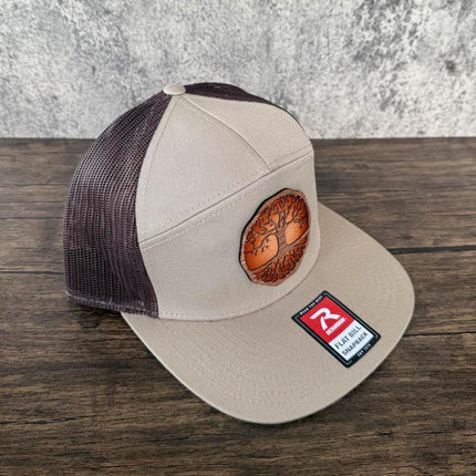 WoodHide© Tree of Life Hat – Richardson 168 Trucker Cap with Sunburst Leather & Wood Patch - Patch Palooza