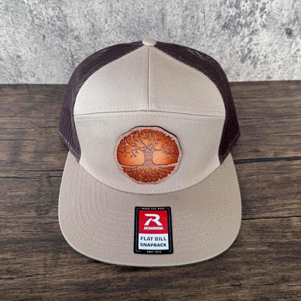 WoodHide© Tree of Life Hat – Richardson 168 Trucker Cap with Sunburst Leather & Wood Patch - Patch Palooza