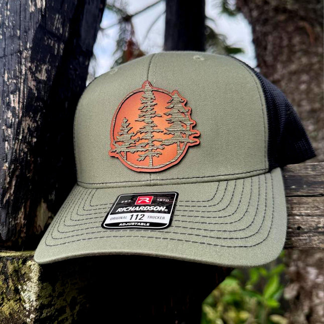 WoodHide© Tree Patch Hat – Richardson 112 Trucker Cap with Sunburst Leather & Wood - Patch Palooza