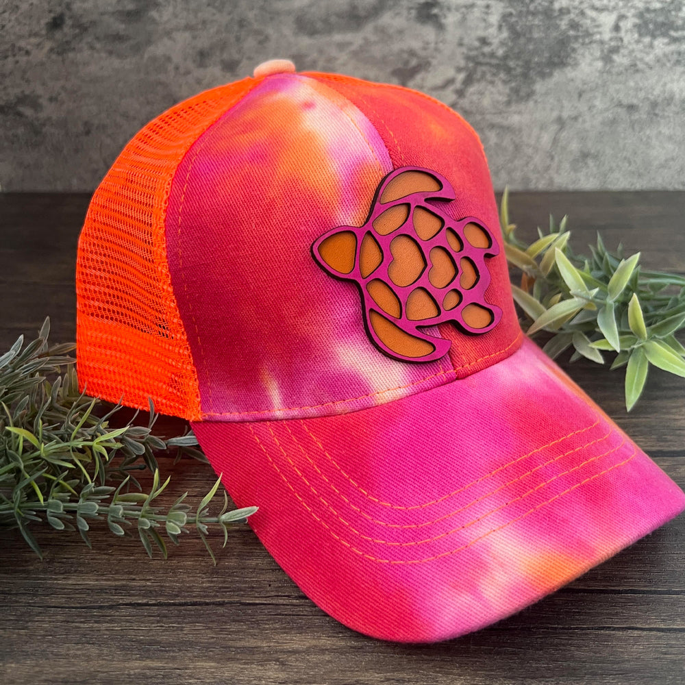 Sea Turtle Tie Dye Pony Tail Cap Orange Fuchsia - Limited Edition - patchpalooza